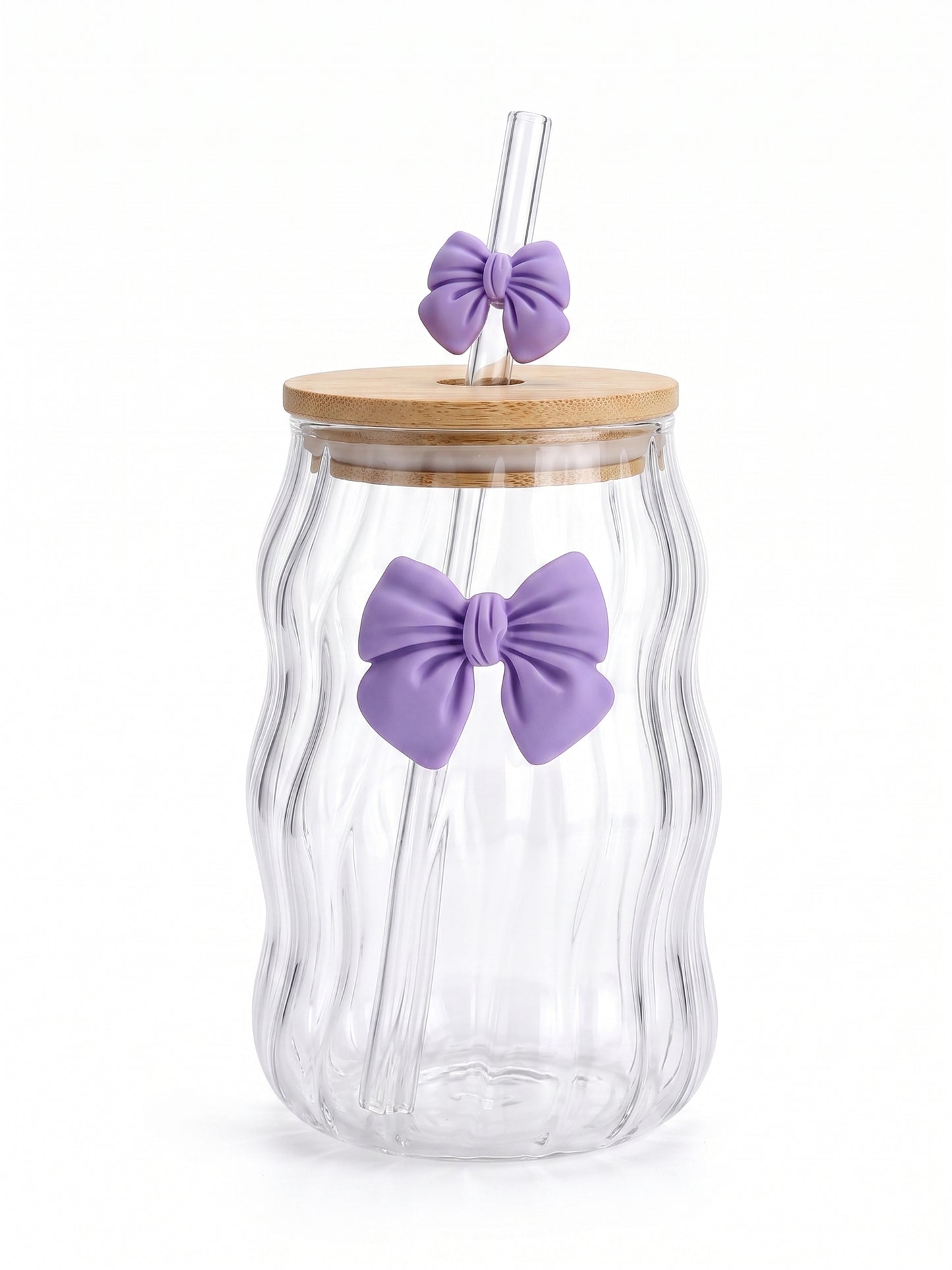 Bigman Wavy Ripple Glass Tumbler with Purple Bow & Bamboo Lid