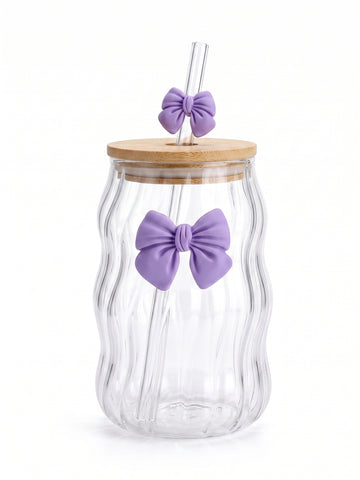 Bigman Wavy Ripple Glass Tumbler with Purple Bow & Bamboo Lid
