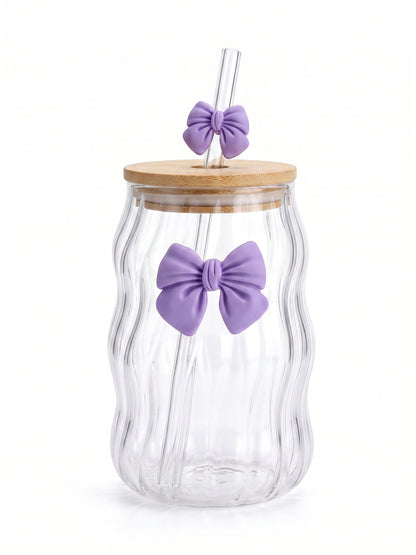 Bigman Wavy Ripple Glass Tumbler with Purple Bow & Bamboo Lid