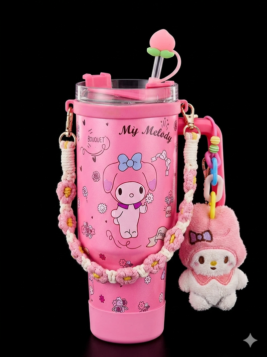 Bigman CuddleBloom 40oz Insulated Tumbler with Handle & Straw | Stainless Steel Vacuum Travel Mug | Cute Floral & Plush Charm Design  Keeps Drinks Hot & Cold for Hours