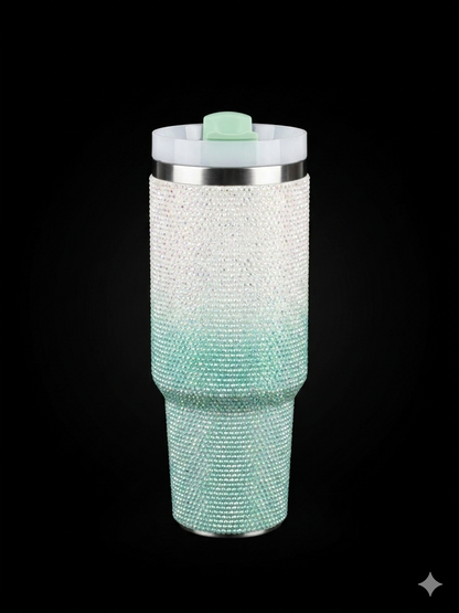 Glacier Glow 40oz Tumbler – Premium Rhinestone Insulated Mug with Handle & Lid | Large Capacity Travel Cup for Hot & Cold Drinks | Stylish Mint Gradient Sparkle Design