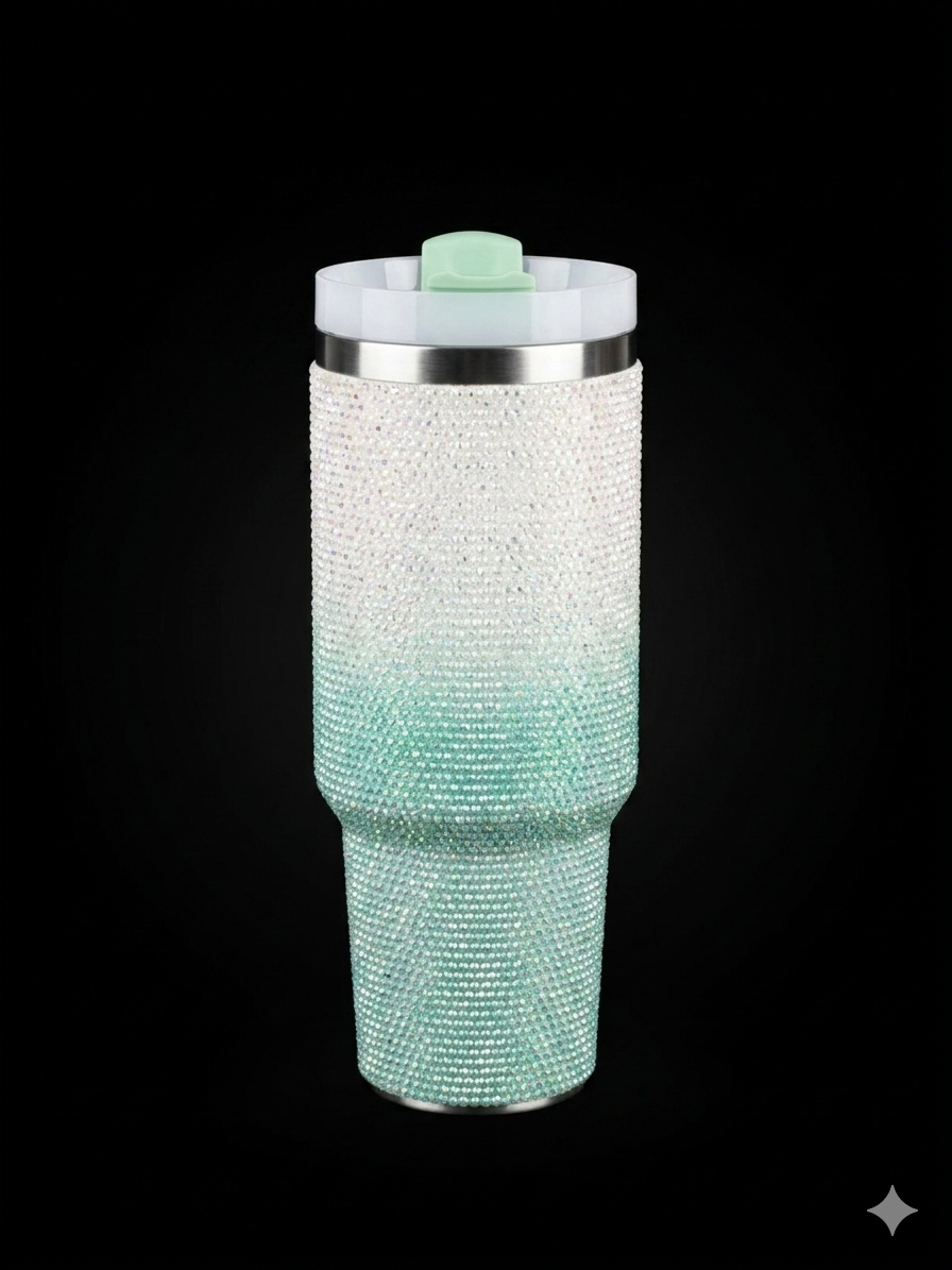 Glacier Glow 40oz Tumbler – Premium Rhinestone Insulated Mug with Handle & Lid | Large Capacity Travel Cup for Hot & Cold Drinks | Stylish Mint Gradient Sparkle Design
