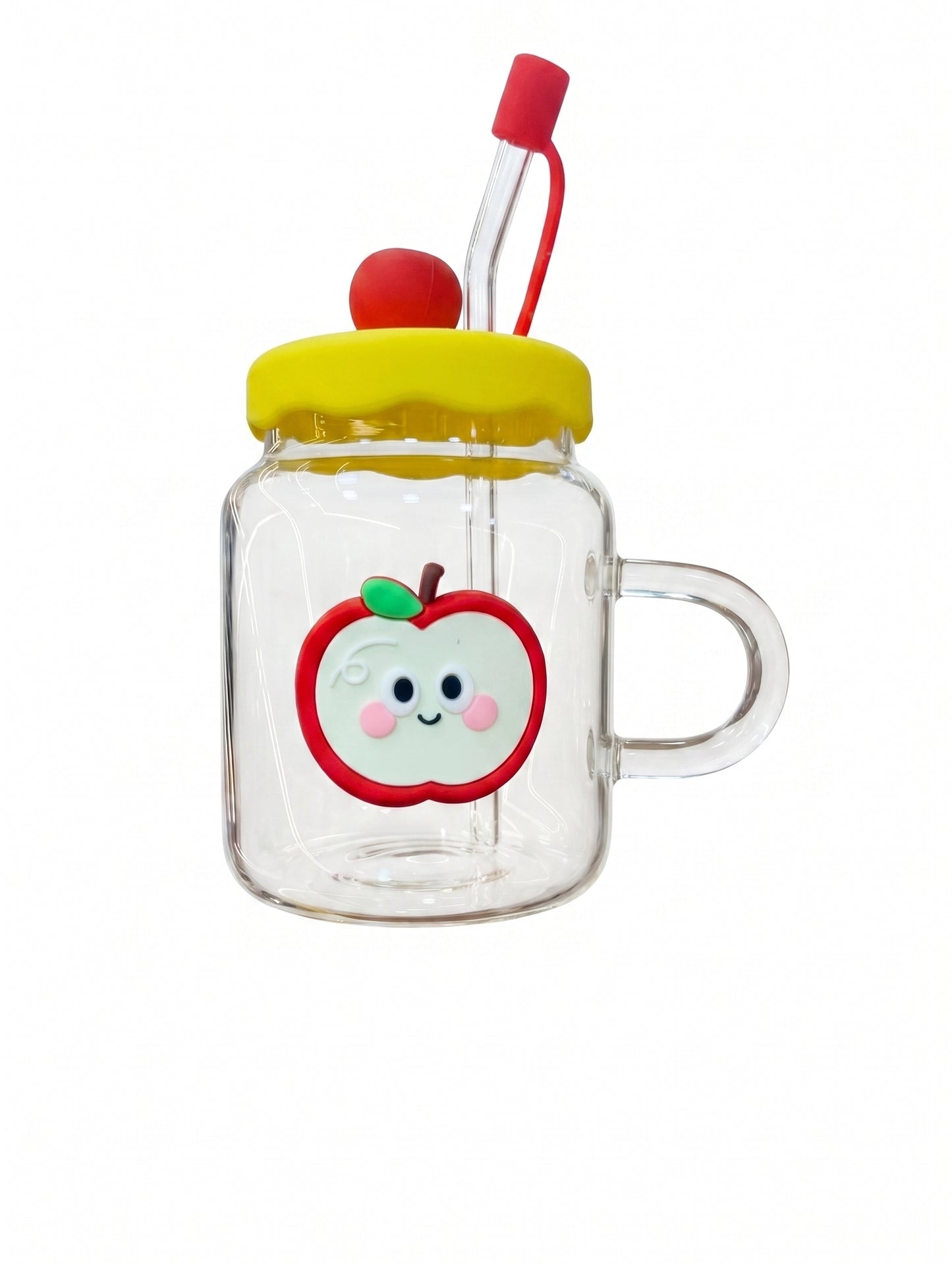 Bigman Cute Apple Glass Mason Mug with Handle & Straw