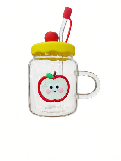 Bigman Cute Apple Glass Mason Mug with Handle & Straw