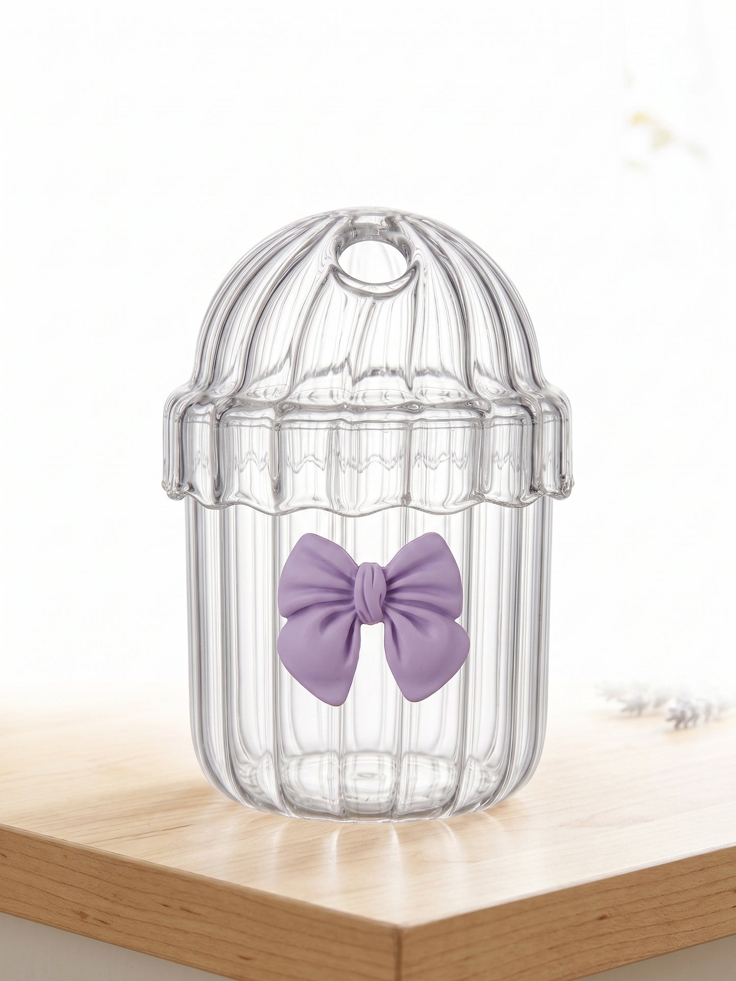 Bigman Purple Bow Ribbed Dome Glass Tumbler with Straw Hole