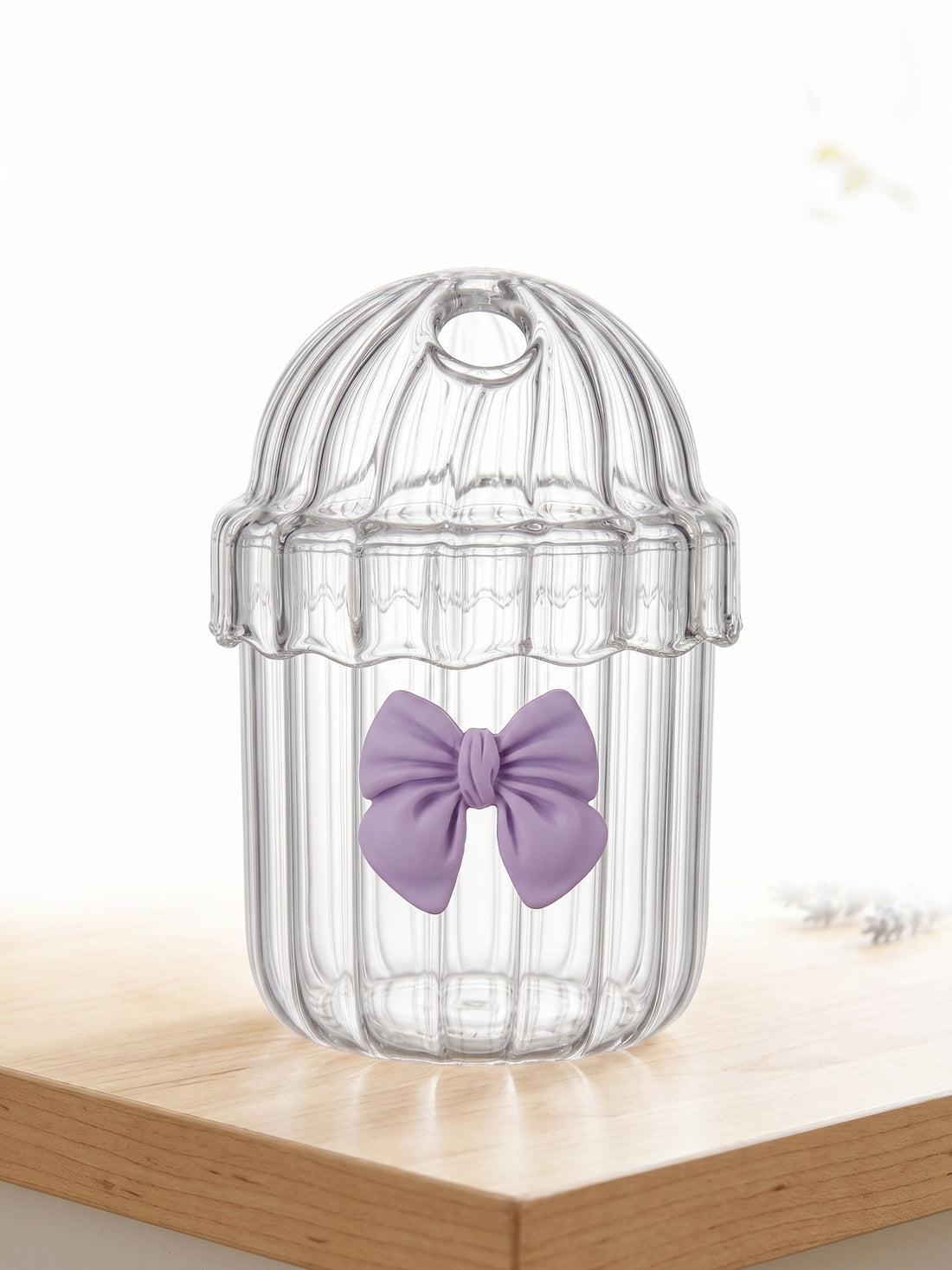 Bigman Purple Bow Ribbed Dome Glass Tumbler with Straw Hole