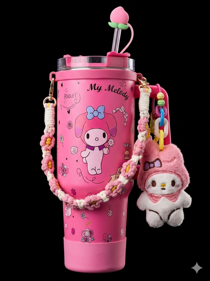 Bigman CuddleBloom 40oz Insulated Tumbler with Handle & Straw | Stainless Steel Vacuum Travel Mug | Cute Floral & Plush Charm Design  Keeps Drinks Hot & Cold for Hours