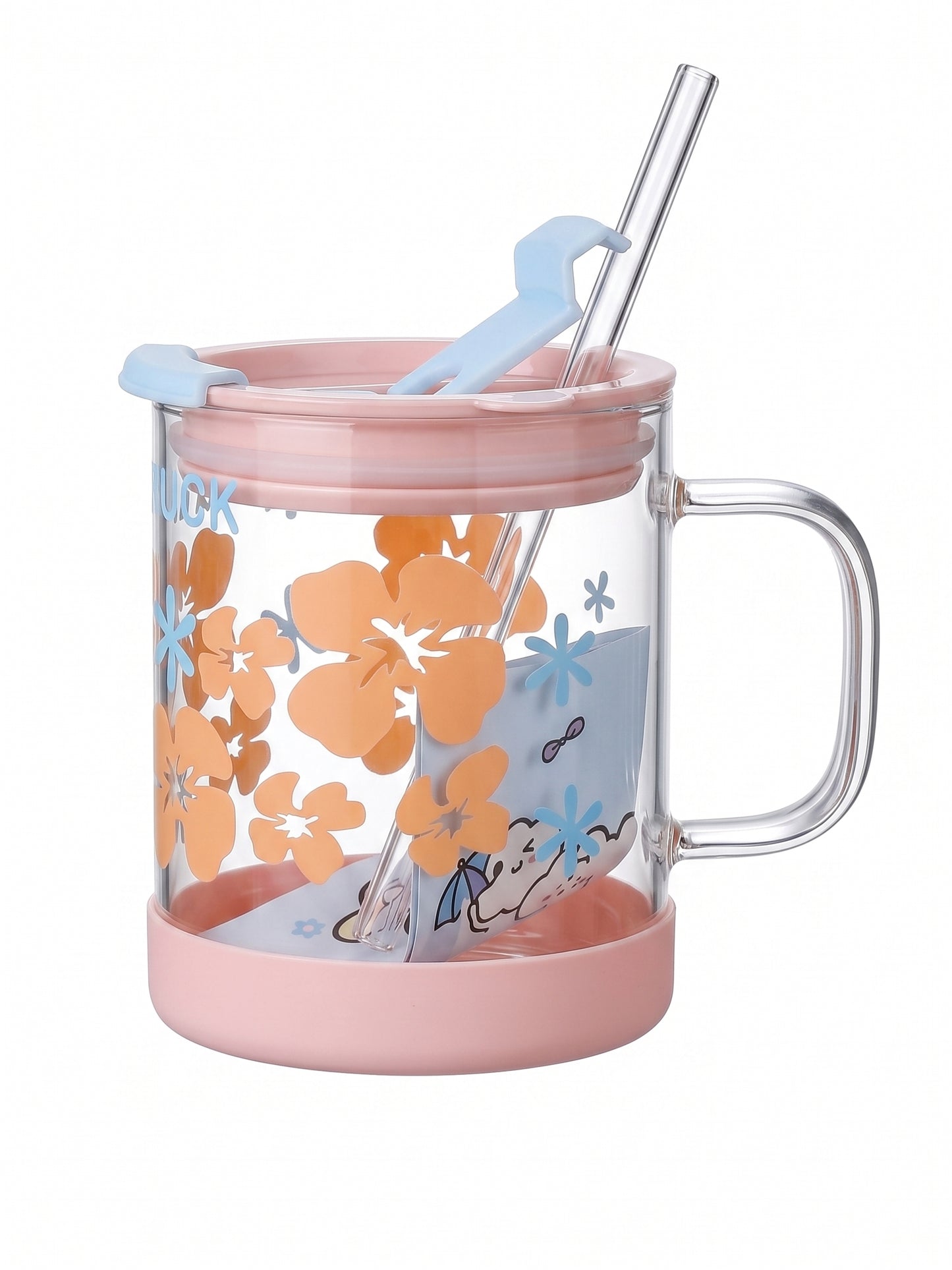 Bigman Floral Glass Mug with Silicone Base & Straw