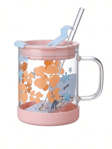 Bigman Floral Glass Mug with Silicone Base & Straw