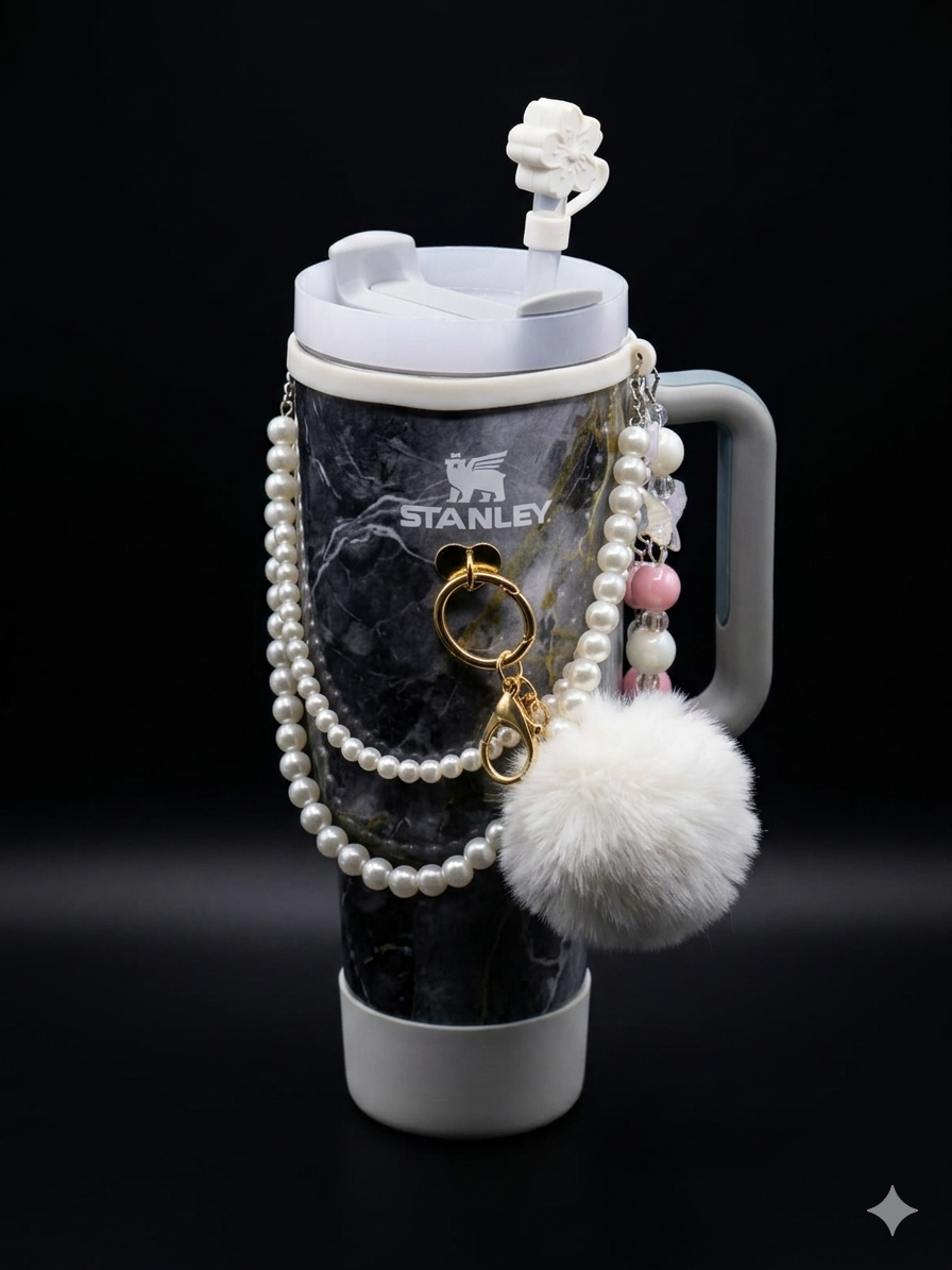 Bigman TrendSip 40oz Tumbler – Premium Insulated Travel Mug with Handle & Straw, Aesthetic Marble Design with Charm Accessories for Women & Girls