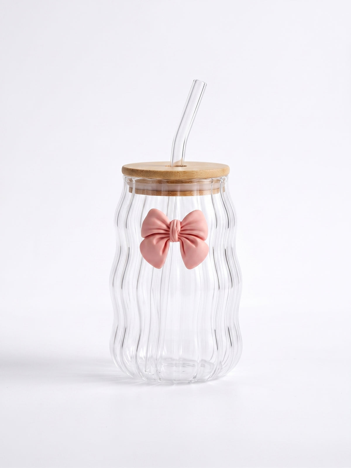 Bigman Wavy Ripple Glass Can Tumbler with Bamboo Lid & Straw