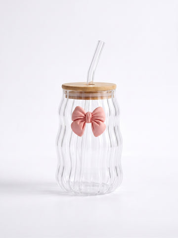 Bigman Wavy Ripple Glass Can Tumbler with Bamboo Lid & Straw