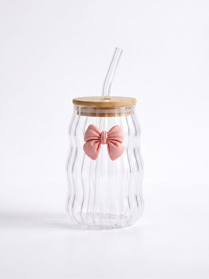 Bigman Wavy Ripple Glass Can Tumbler with Bamboo Lid & Straw