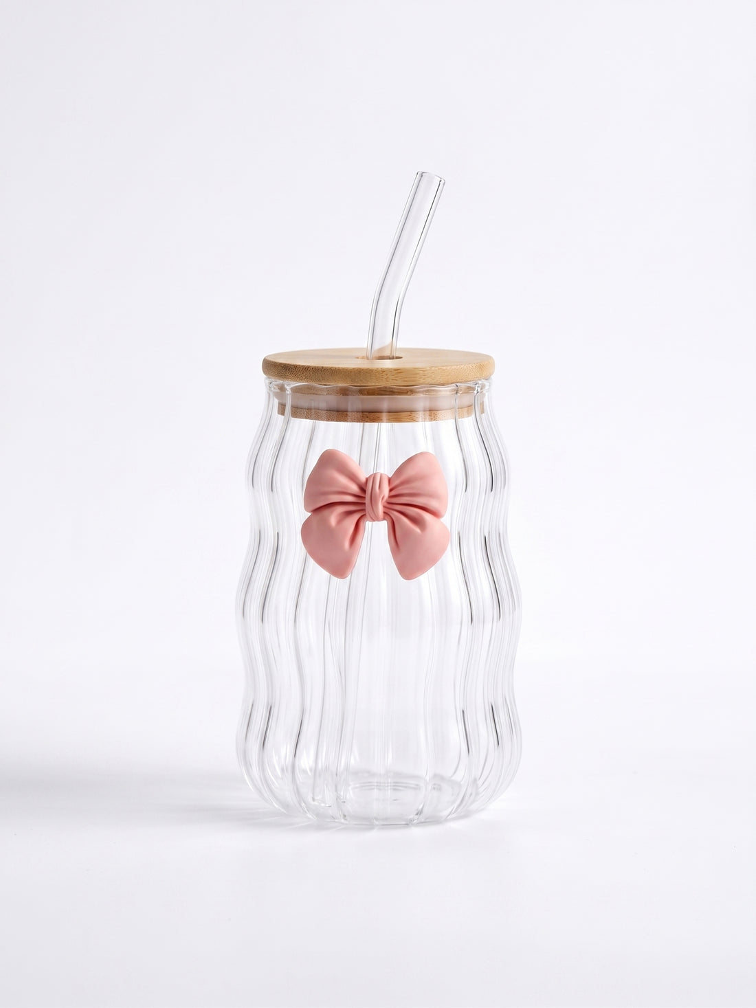 Bigman Wavy Ripple Glass Can Tumbler with Bamboo Lid & Straw