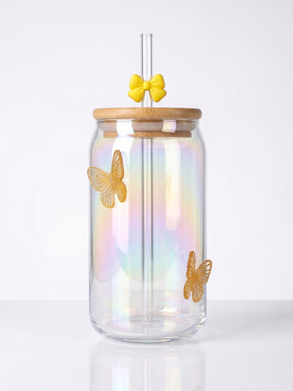 Bigman Iridescent Butterfly Glass Can Tumbler with Bamboo Lid & Straw
