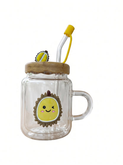 Bigman Cute Durian Glass Mason Mug with Handle & Straw
