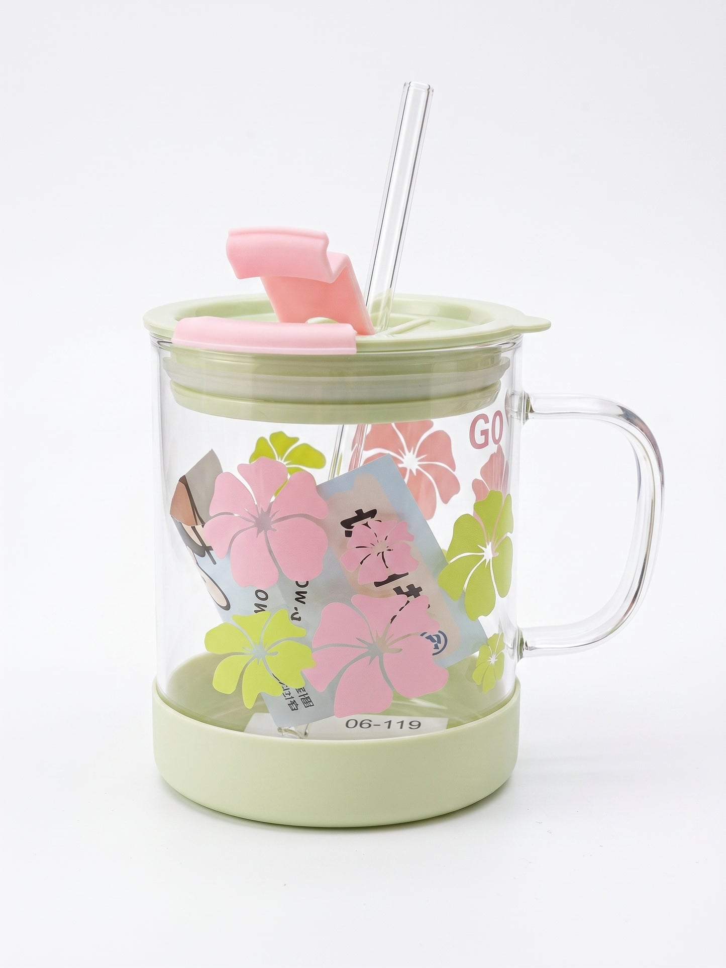 Bigman Floral Glass Mug with Silicone Base & Straw