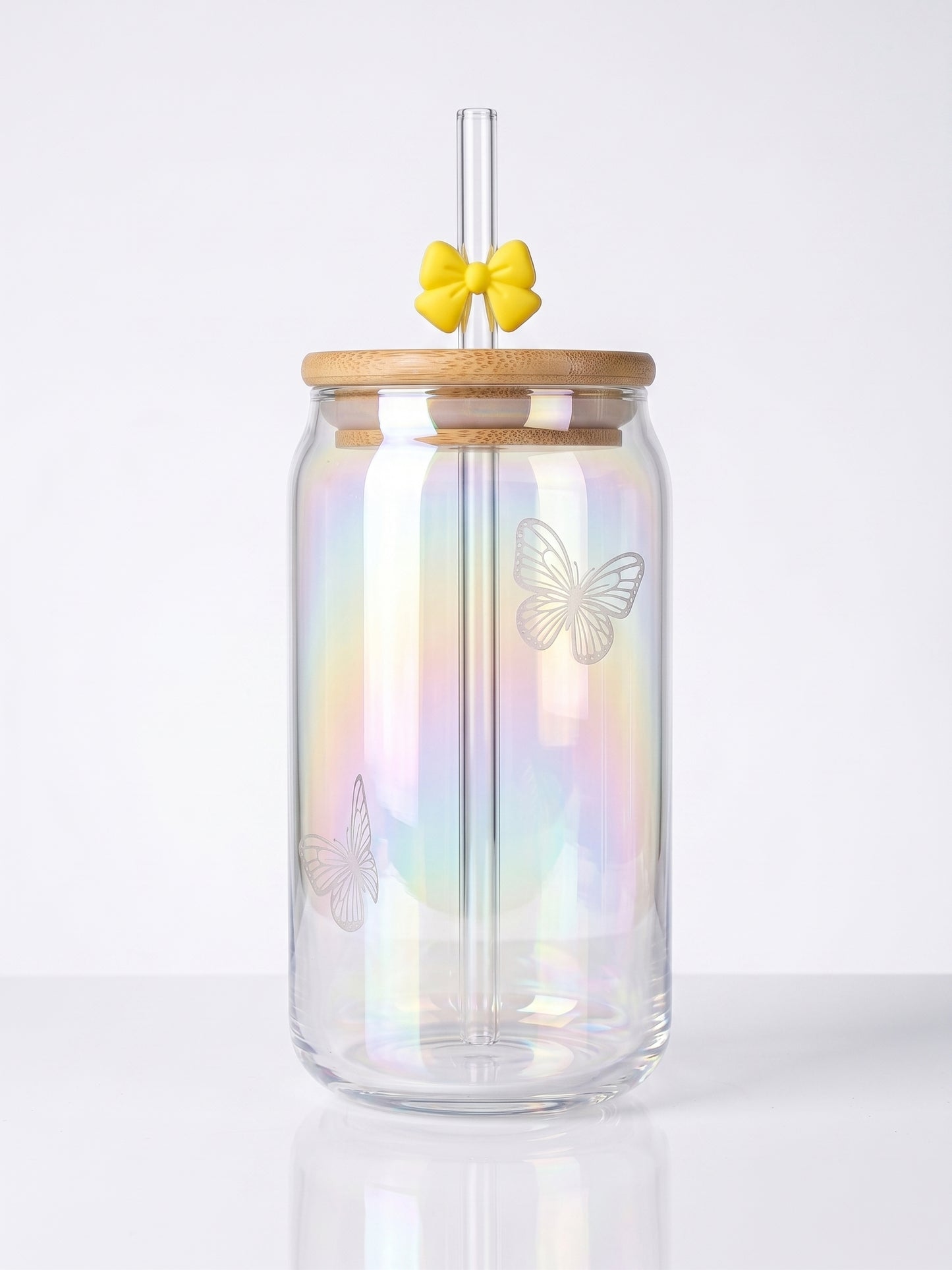 Bigman Iridescent Butterfly Glass Can Tumbler with Bamboo Lid & Straw