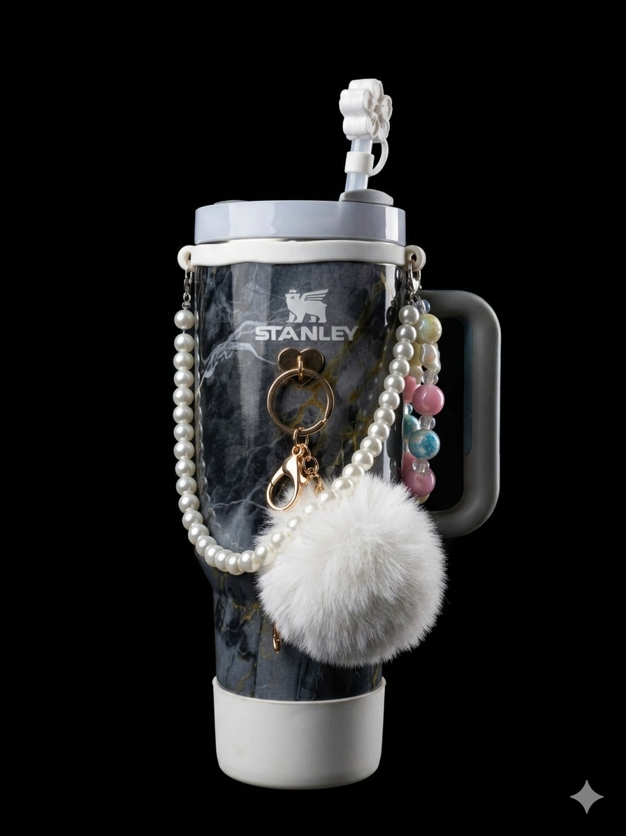 Bigman TrendSip 40oz Tumbler – Premium Insulated Travel Mug with Handle & Straw, Aesthetic Marble Design with Charm Accessories for Women & Girls