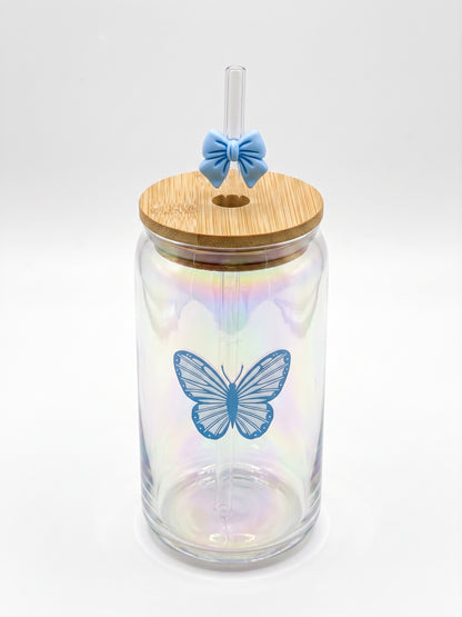 Bigman Iridescent Butterfly Glass Can Tumbler with Bamboo Lid & Straw