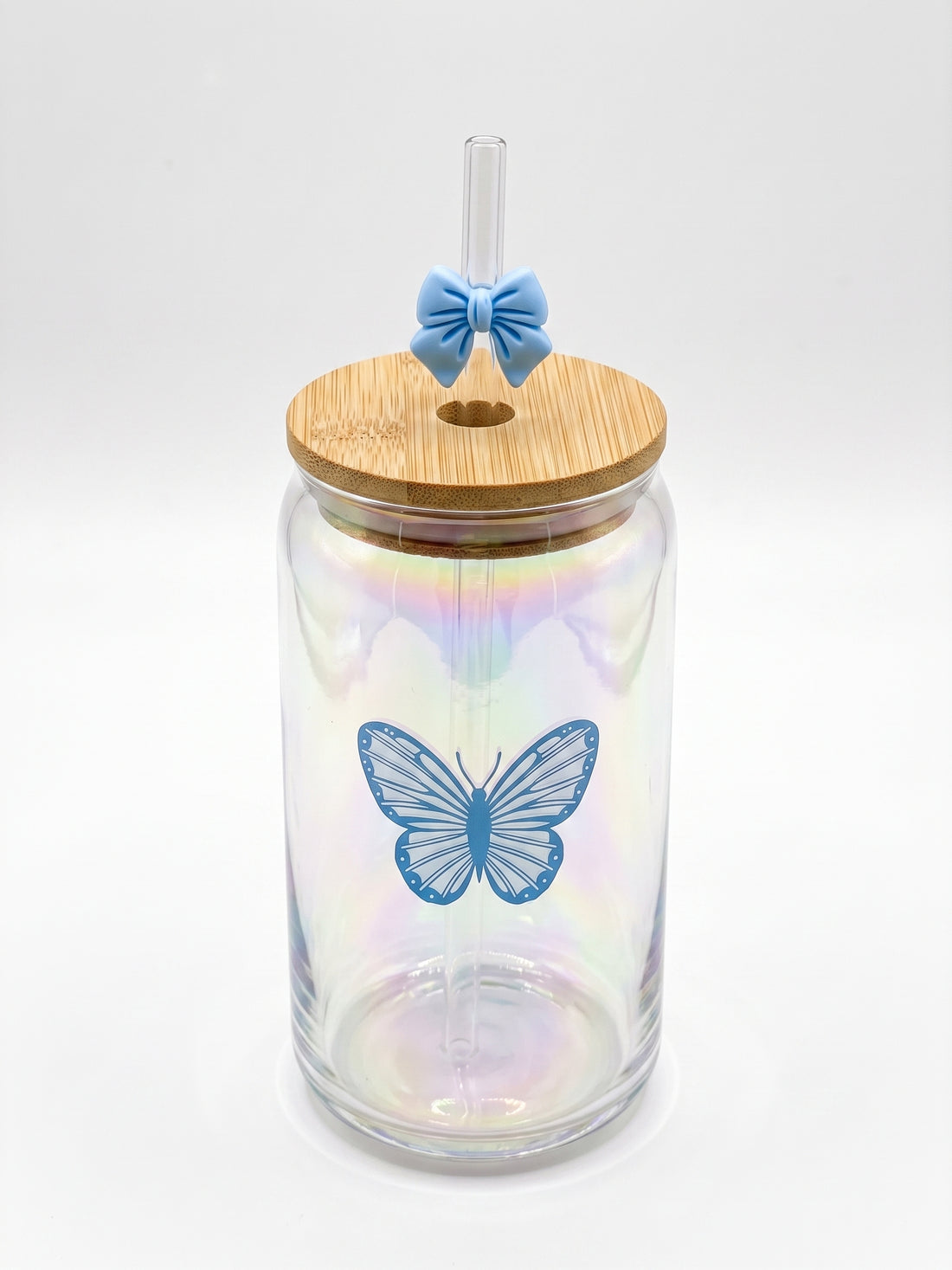Bigman Iridescent Butterfly Glass Can Tumbler with Bamboo Lid & Straw