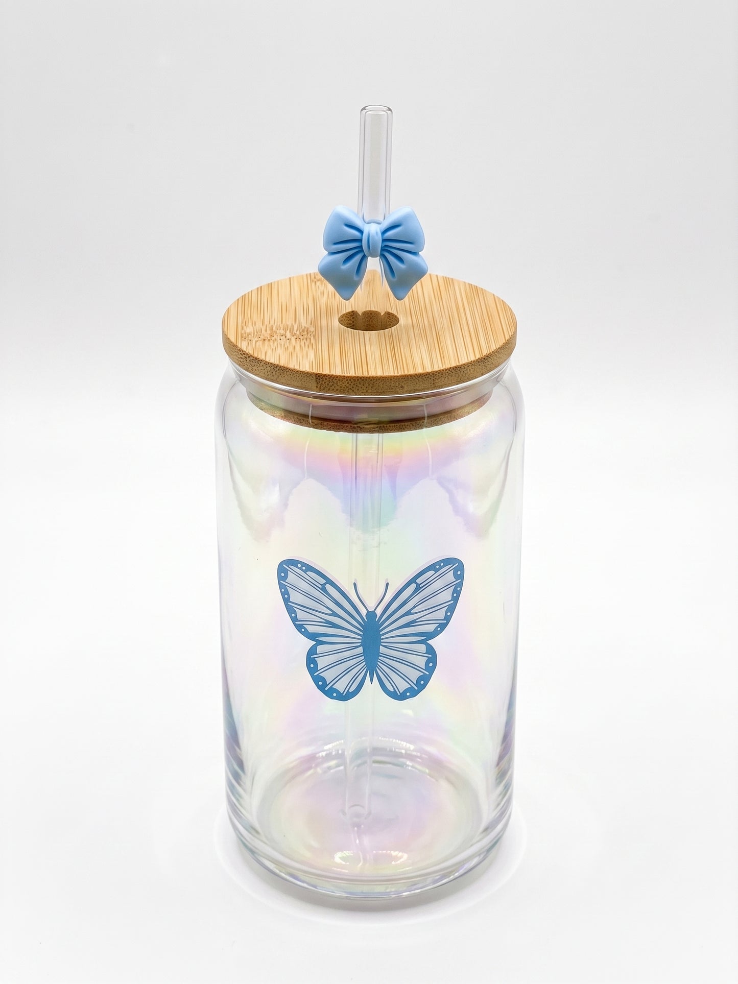 Bigman Iridescent Butterfly Glass Can Tumbler with Bamboo Lid & Straw