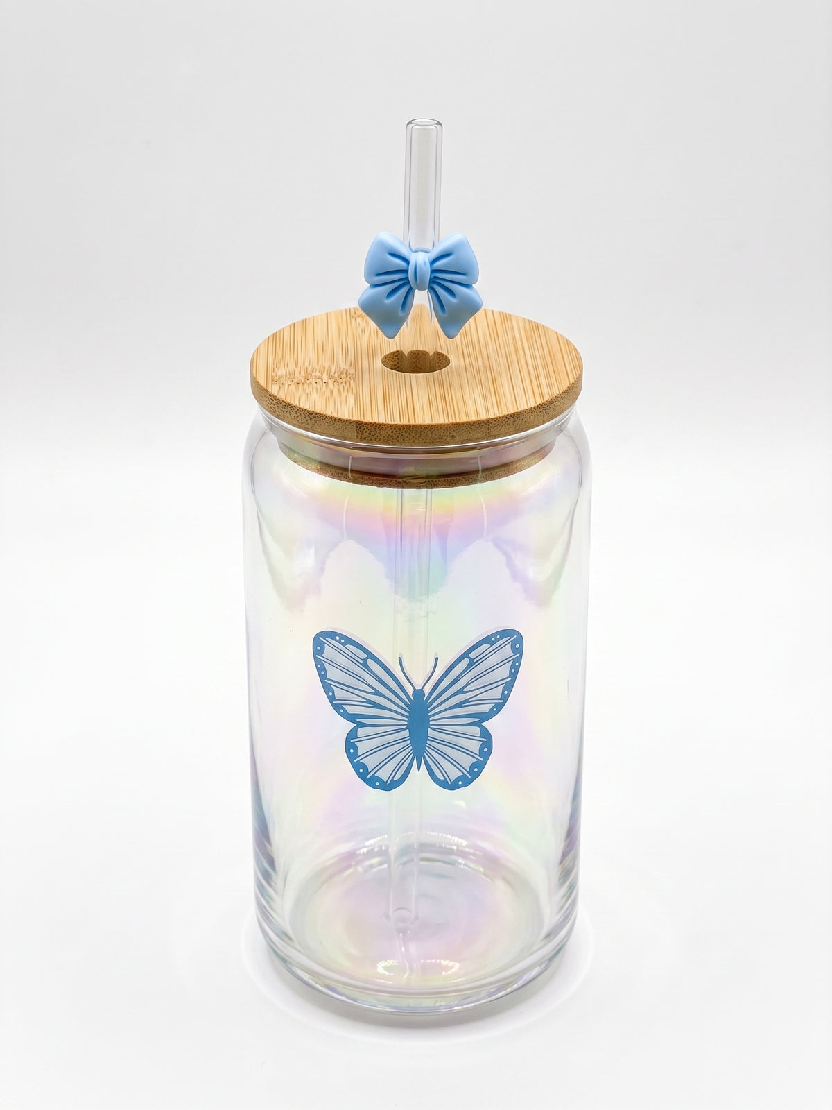 Bigman Iridescent Butterfly Glass Can Tumbler with Bamboo Lid & Straw