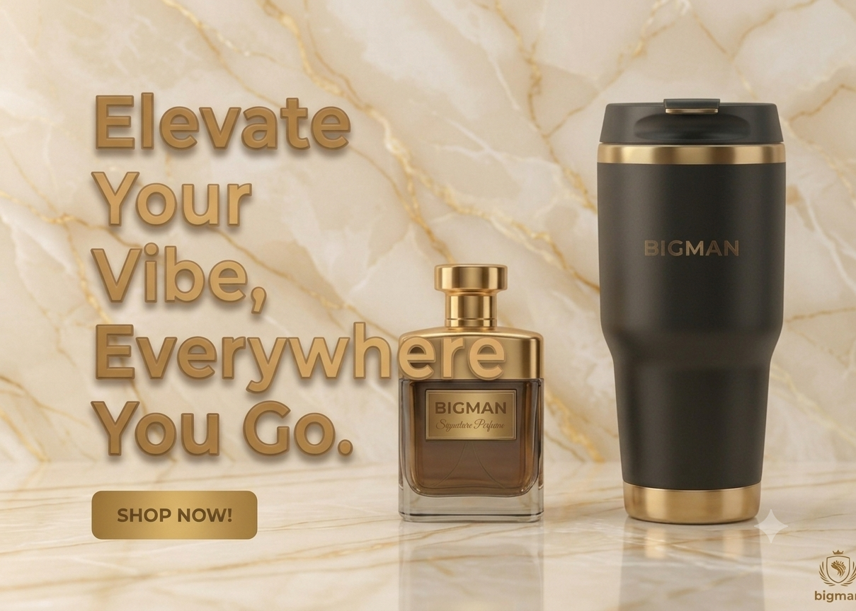 BIGMAN perfume bottle and tumbler on a marble background with promotional text.
