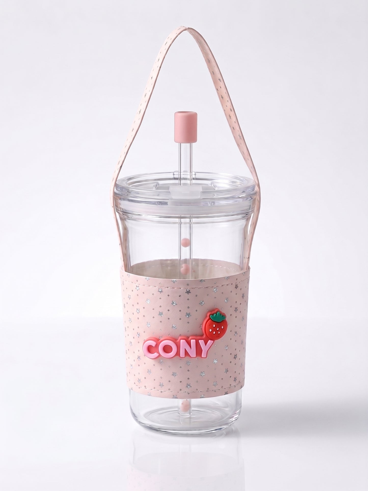 Bigman Cony Pink Glass Tumbler with Leather Sleeve & Strap