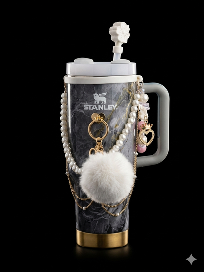 Bigman TrendSip 40oz Tumbler – Premium Insulated Travel Mug with Handle & Straw, Aesthetic Marble Design with Charm Accessories for Women & Girls