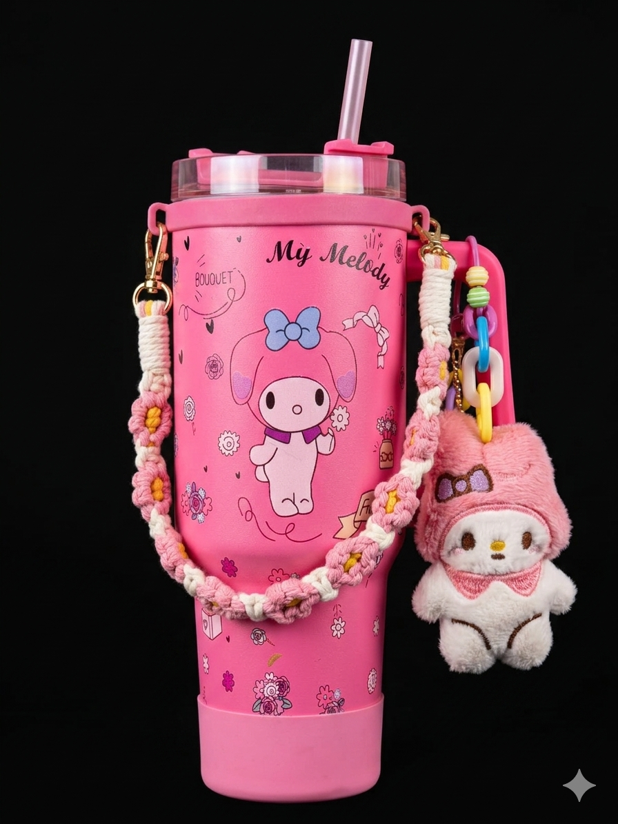 Bigman CuddleBloom 40oz Insulated Tumbler with Handle & Straw | Stainless Steel Vacuum Travel Mug | Cute Floral & Plush Charm Design  Keeps Drinks Hot & Cold for Hours