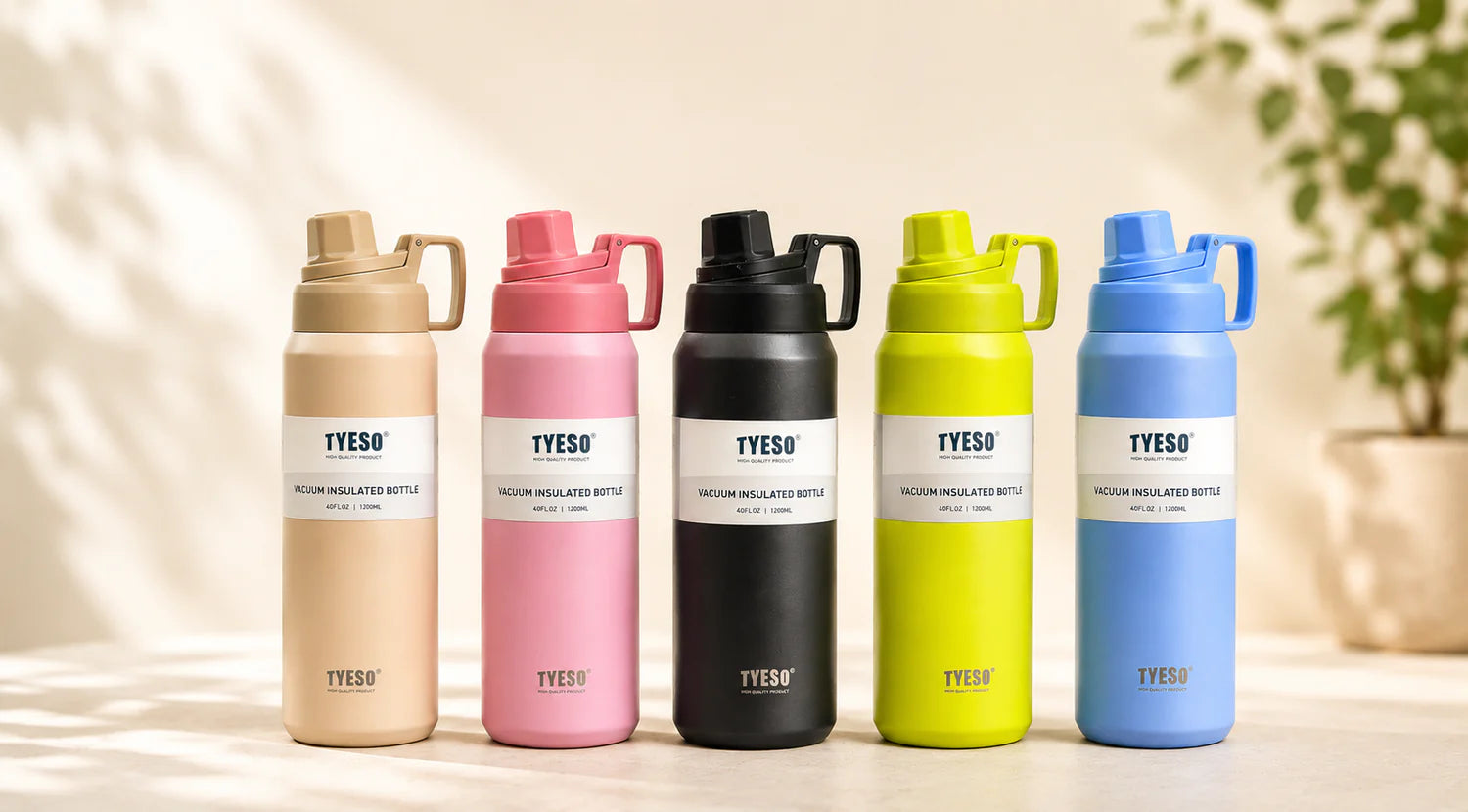 Five colorful Yesso water bottles on a neutral background