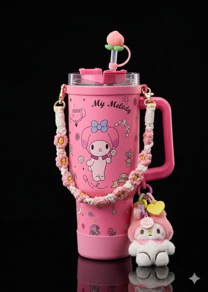Bigman AccessoryGlow 40oz Premium Stainless Steel Tumbler with Handle, Straw, Cute Charms & Crochet Strap