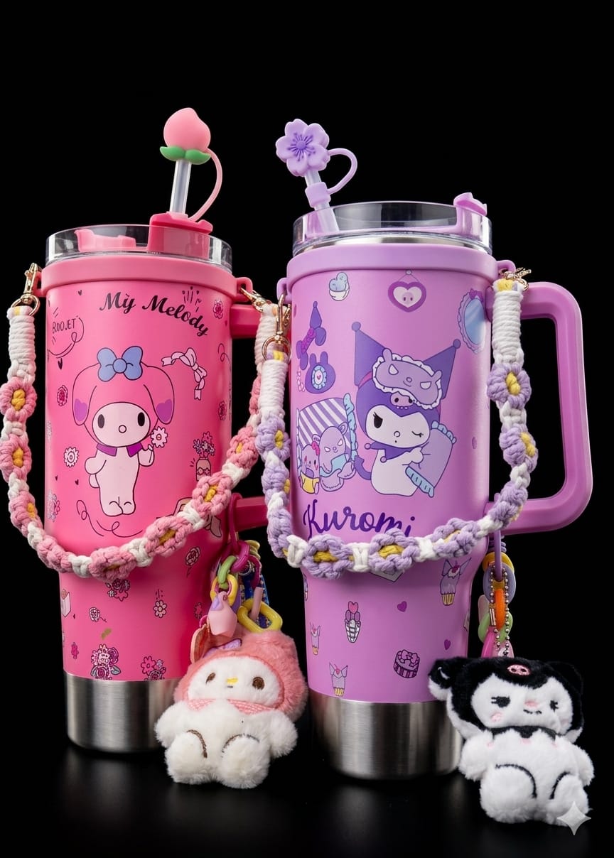 Bigman AccessoryGlow 40oz Premium Stainless Steel Tumbler with Handle, Straw, Cute Charms & Crochet Strap