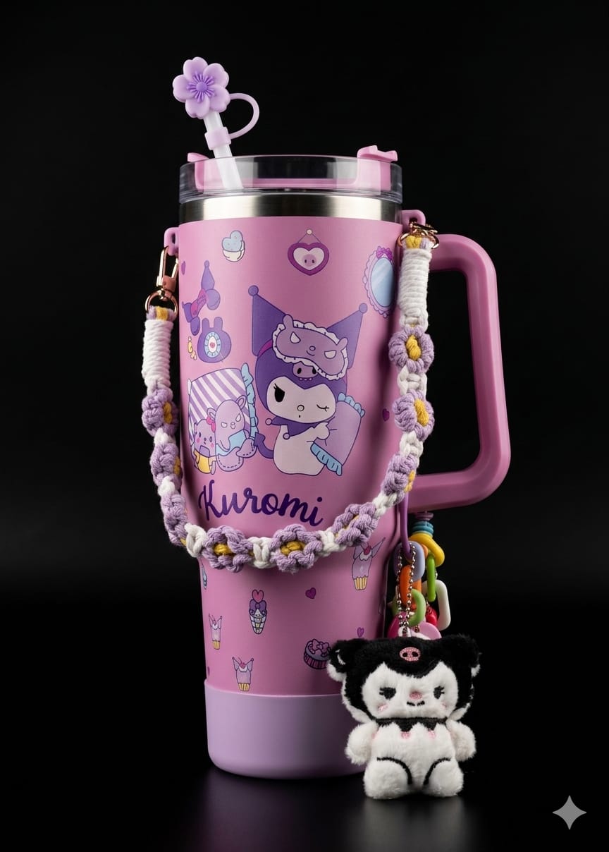 Bigman AccessoryGlow 40oz Premium Stainless Steel Tumbler with Handle, Straw, Cute Charms & Crochet Strap