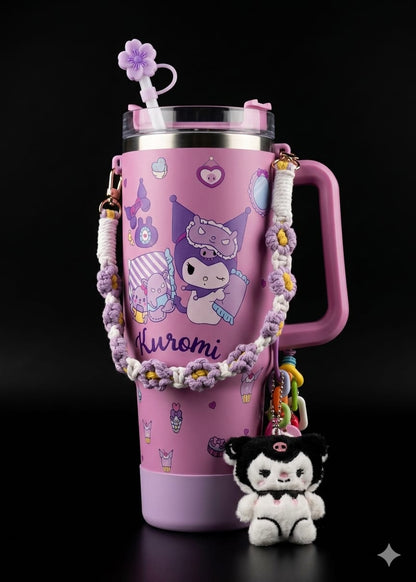 Bigman AccessoryGlow 40oz Premium Stainless Steel Tumbler with Handle, Straw, Cute Charms & Crochet Strap