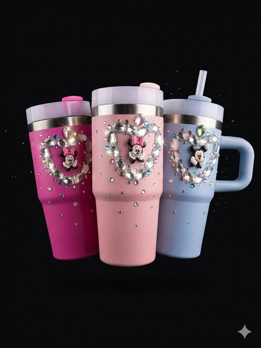 BIGMAN CrystalHeart Luxe 14oz Tumbler with Handle, Lid & Straw – Rhinestone Heart Insulated Stainless Steel Travel Mug,Glitter Cup for Hot & Cold Drinks