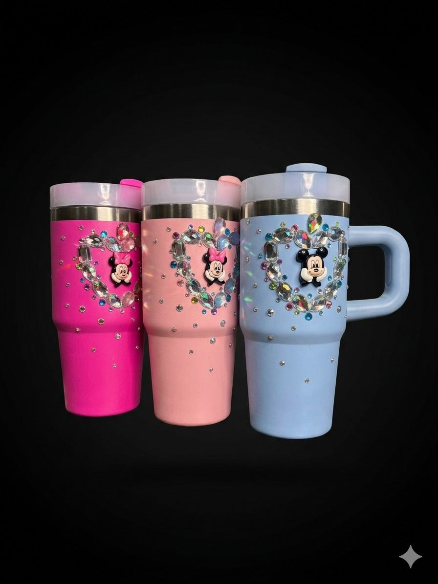 BIGMAN CrystalHeart Luxe 14oz Tumbler with Handle, Lid & Straw – Rhinestone Heart Insulated Stainless Steel Travel Mug,Glitter Cup for Hot & Cold Drinks