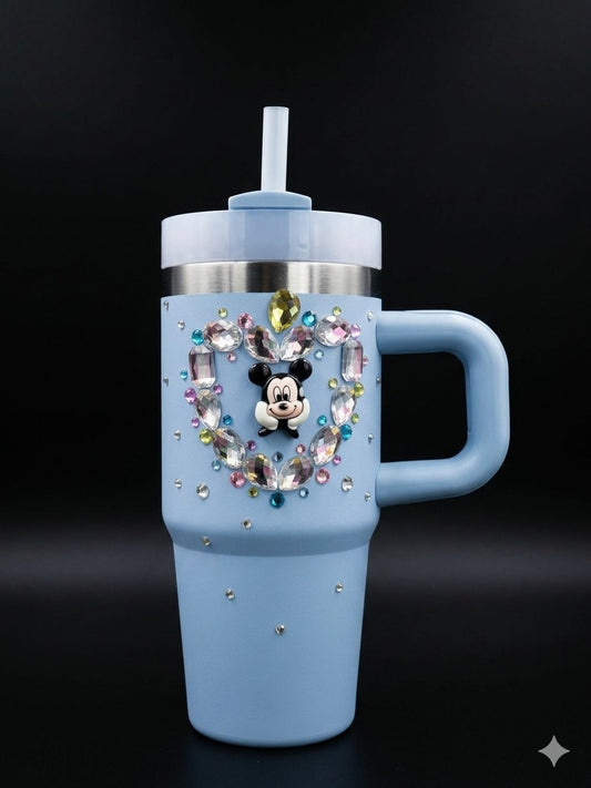 BIGMAN CrystalHeart Luxe 14oz Tumbler with Handle, Lid & Straw – Rhinestone Heart Insulated Stainless Steel Travel Mug,Glitter Cup for Hot & Cold Drinks
