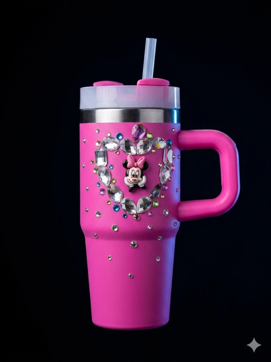 BIGMAN CrystalHeart Luxe 14oz Tumbler with Handle, Lid & Straw – Rhinestone Heart Insulated Stainless Steel Travel Mug,Glitter Cup for Hot & Cold Drinks