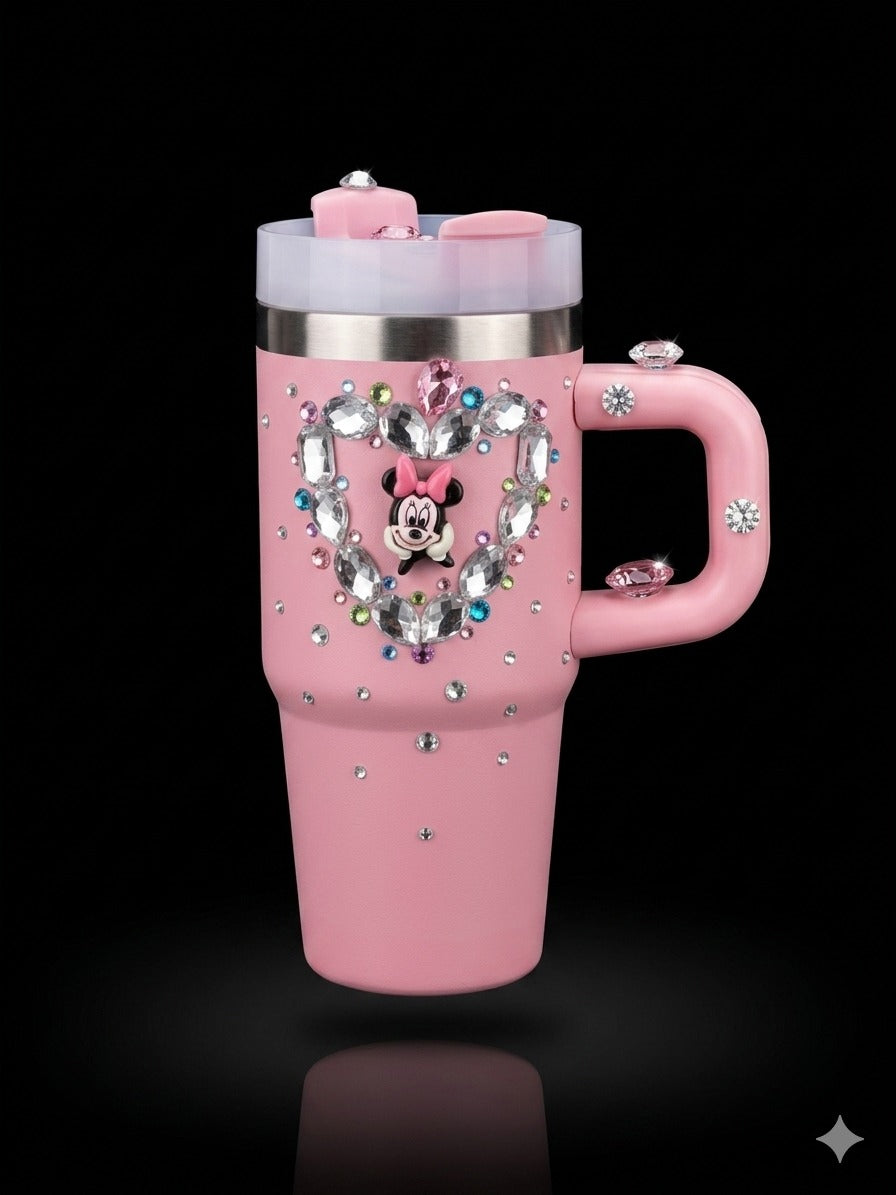 BIGMAN CrystalHeart Luxe 14oz Tumbler with Handle, Lid & Straw – Rhinestone Heart Insulated Stainless Steel Travel Mug,Glitter Cup for Hot & Cold Drinks