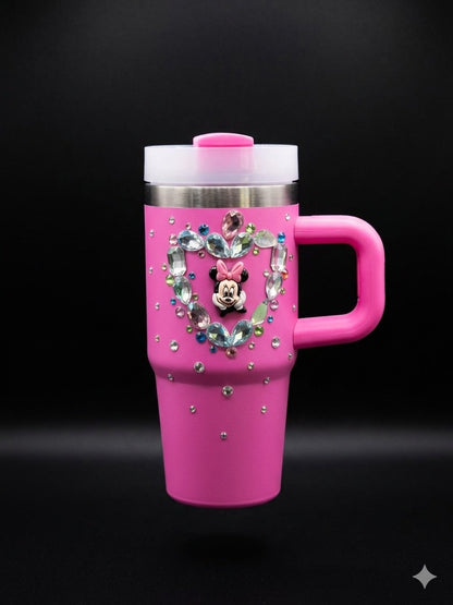 BIGMAN CrystalHeart Luxe 14oz Tumbler with Handle, Lid & Straw – Rhinestone Heart Insulated Stainless Steel Travel Mug,Glitter Cup for Hot & Cold Drinks