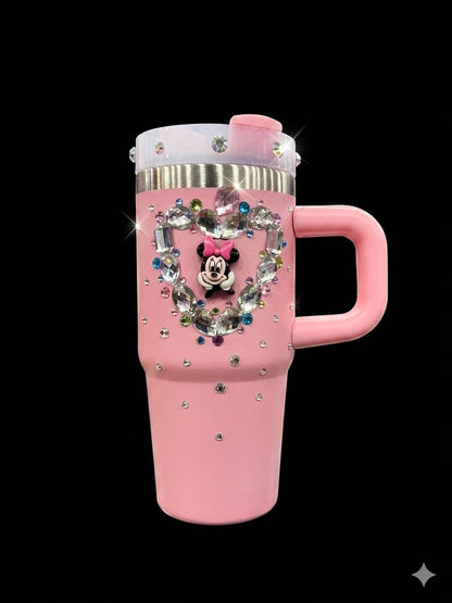 BIGMAN CrystalHeart Luxe 14oz Tumbler with Handle, Lid & Straw – Rhinestone Heart Insulated Stainless Steel Travel Mug,Glitter Cup for Hot & Cold Drinks