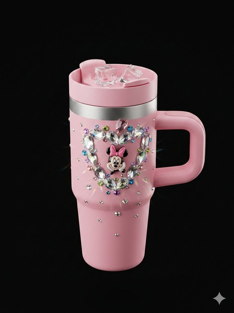 BIGMAN CrystalHeart Luxe 14oz Tumbler with Handle, Lid & Straw – Rhinestone Heart Insulated Stainless Steel Travel Mug,Glitter Cup for Hot & Cold Drinks