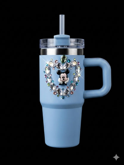 BIGMAN CrystalHeart Luxe 14oz Tumbler with Handle, Lid & Straw – Rhinestone Heart Insulated Stainless Steel Travel Mug,Glitter Cup for Hot & Cold Drinks