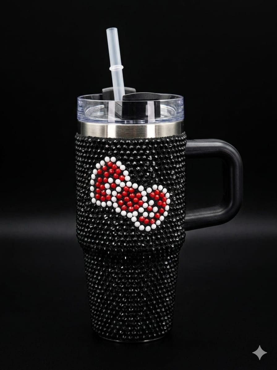 BIGMAN RoyalBling 14oz Tumbler with Handle, Lid & Straw – Rhinestone Studded Insulated Stainless Steel Travel Mug,  Glitter Cup for Hot & Cold Drinks