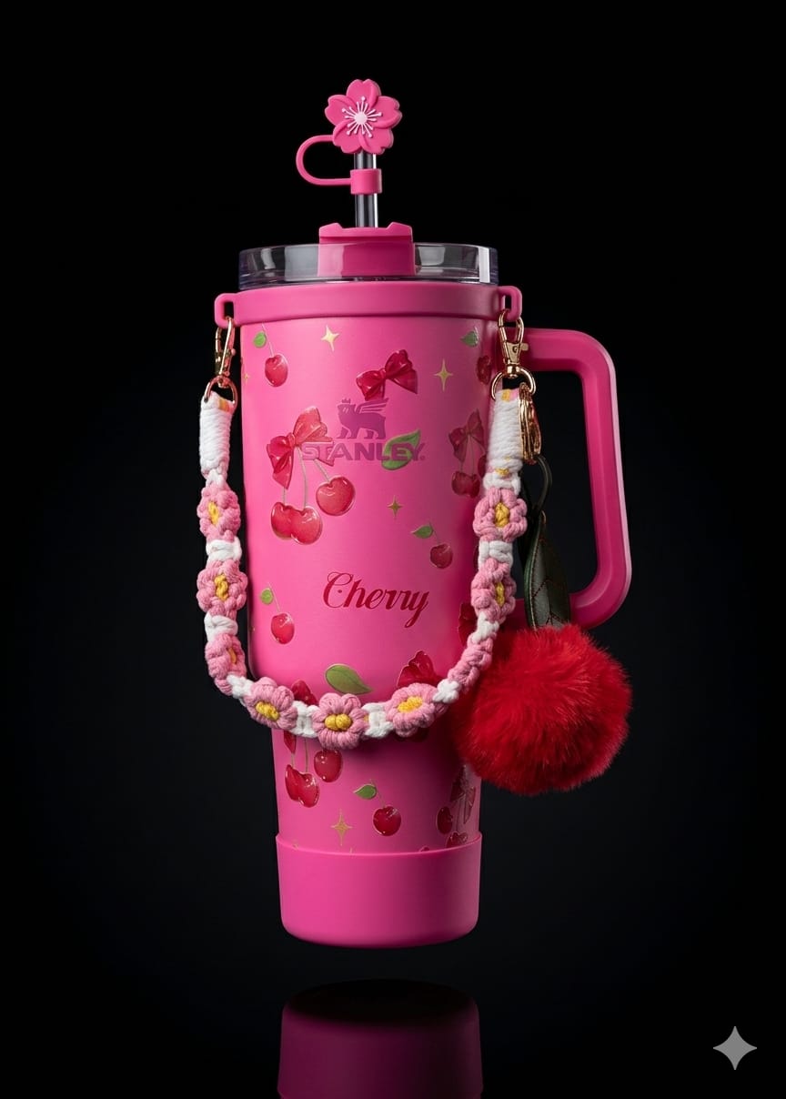 Bigman CherryGlow Premium 40oz Tumbler – Cute Cherry Printed Insulated Travel Mug with Straw & Accessories