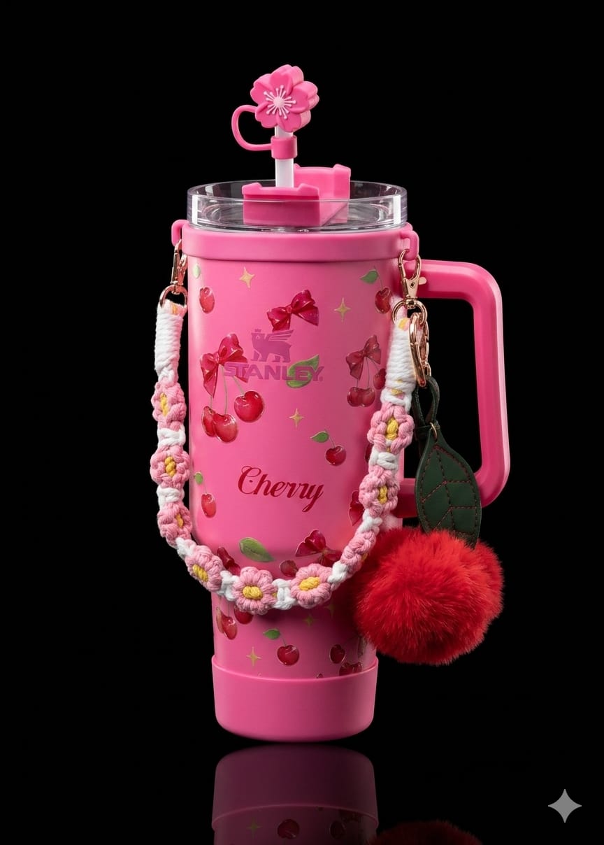 Bigman CherryGlow Premium 40oz Tumbler – Cute Cherry Printed Insulated Travel Mug with Straw & Accessories