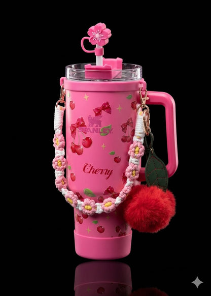 Bigman CherryGlow Premium 40oz Tumbler – Cute Cherry Printed Insulated Travel Mug with Straw & Accessories