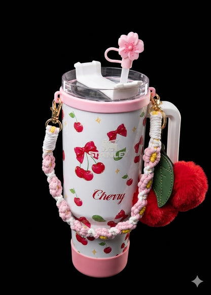 Bigman CherryGlow Premium 40oz Tumbler – Cute Cherry Printed Insulated Travel Mug with Straw & Accessories